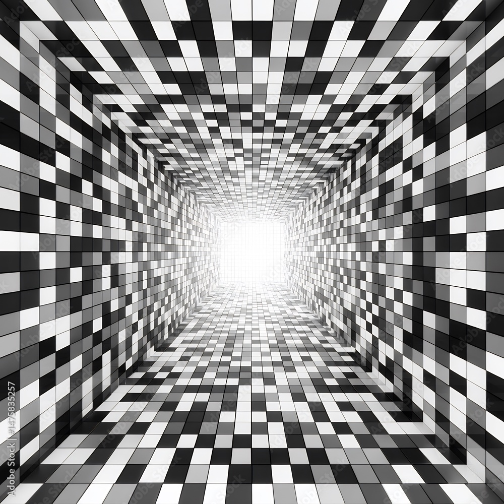 Aufkleber optical illusion tunnel created with grayscale mosaic pattern and glowing end