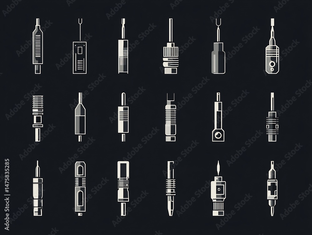 Poster array of futuristic device schematics, minimalistic technical objects on a dark background