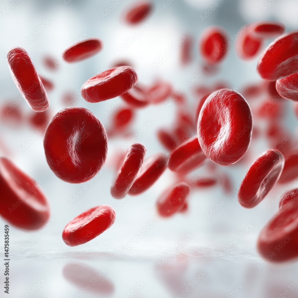 Poster an abstract illustration of red blood cells moving dynamically through a fluid environment, showcasi
