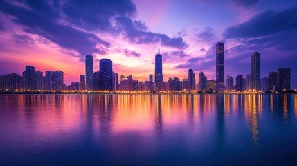 City skyline at sunset over water (1)