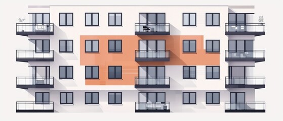 Fototapeta premium Flat design apartment building geometric balconies simple window patterns minimal decorative elements clean style shadows.