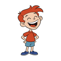 A cheerful cartoon boy with big eyes and messy hair is laughing joyfully, mouth wide open, eyes squinting, and hands on his belly, bursting with pure happiness.
