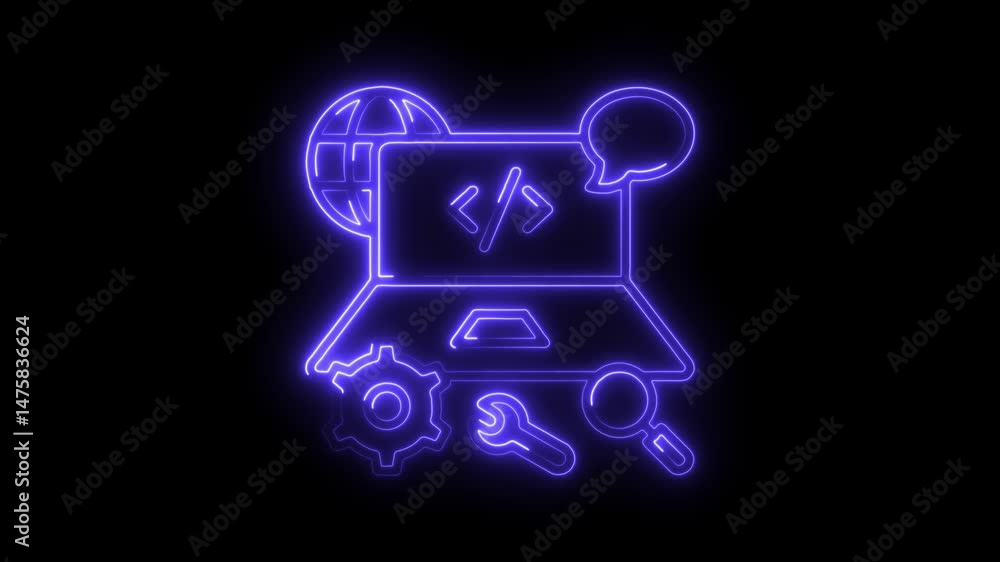 Poster neon style software development elements on laptop illustration for tech design projects and animati