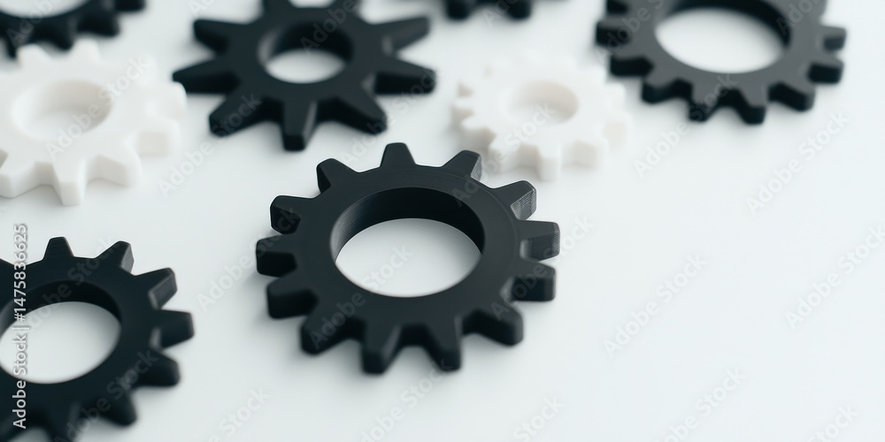 Poster close-up of various gears in black and white on a clean surface, symbolizing innovation and engineer