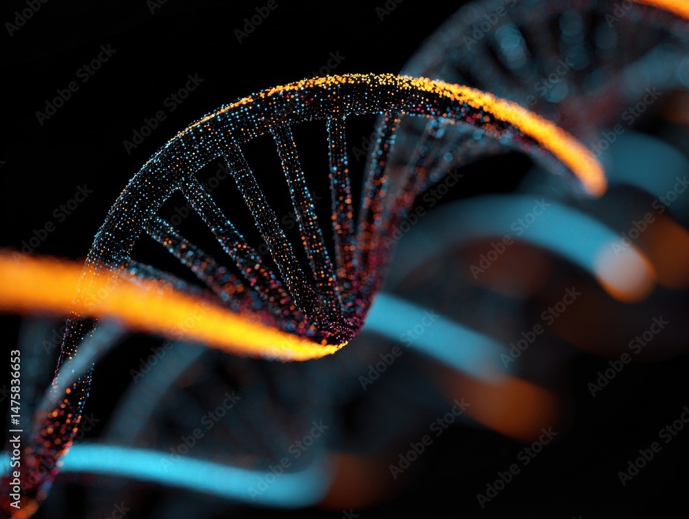 Poster close-up view of a vibrant dna double helix structure with glowing colors, representing the essence 