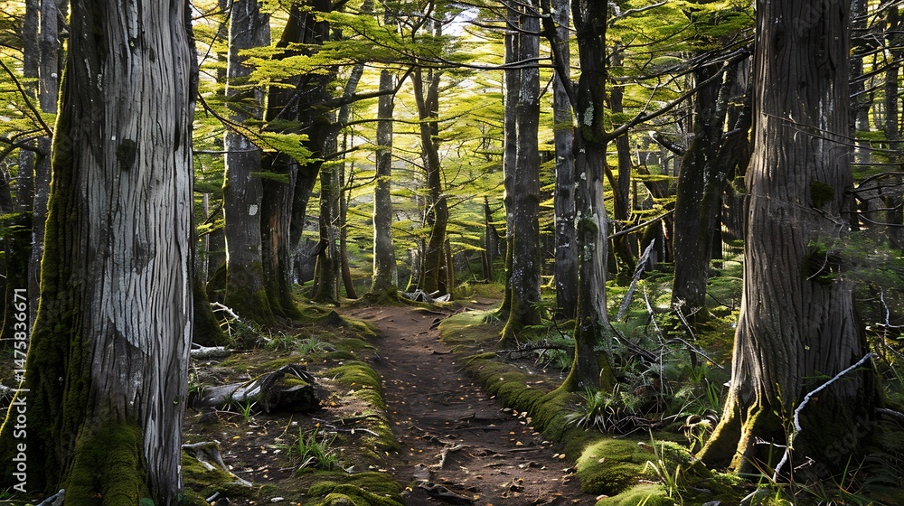 Poster sunlit forest trail through dense trees with green foliage and brown path