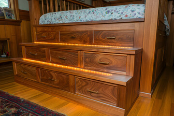 Luxurious handcrafted walnut bed with integrated storage drawers and LED lighting.  A stunning piece of bedroom furniture.