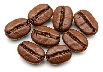 Obraz premium Scattered arrangement of roasted coffee beans on white