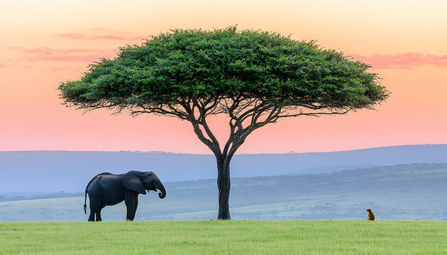 Serene African sunset landscape featuring a lone elephant and a meerkat under a majestic acacia tree.