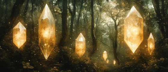 Illuminated crystals within a serene forest, evoking a sense of magic and wonder