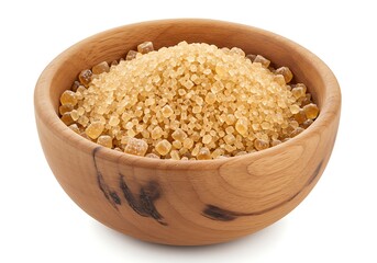 A wooden bowl filled with brown sugar on white surface