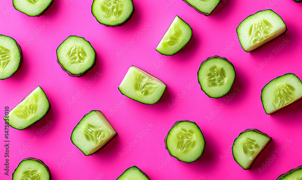 Poster vibrant flat lay of fresh cucumber slices arranged on a bright pink background, creating a visually 