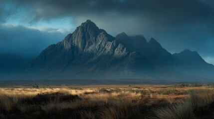 Majestic Mountain Range Under Dramatic Clouds with Lush Grassland in Foreground at Dusk