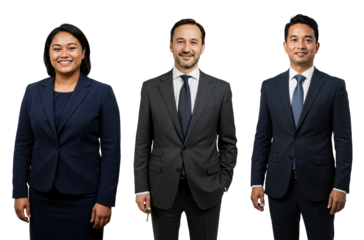 Studio portrait of three diverse business professionals: a young adult Asian woman, a middle-aged Caucasian man, and a young adult Asian man, smiling in formal suits against a transparent background.