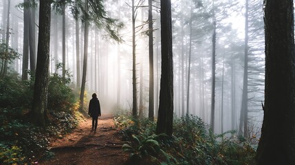 Outdoor forest therapy walk with a person walking mindfully among trees in morning fog, serene and grounding