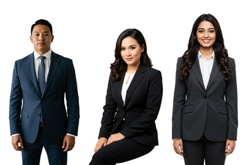 Diverse group of three business professionals, including an Asian man and two women (one Asian, one South Asian), posing in suits against a black studio background.