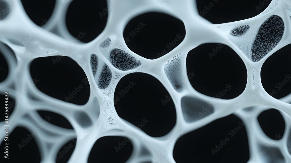 Poster abstract close-up of a porous, web-like structure with large and small interconnected holes against 