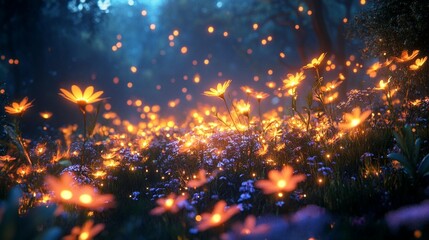 Naklejka premium Glowing Flowers in Dark Forest