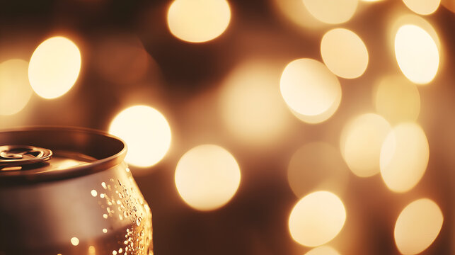 A single aluminum can with condensation, featuring a ring-pull tab, stands against a blurry backdrop of warm yellow festive lights.  The bokeh effect suggests a celebratory ambiance.