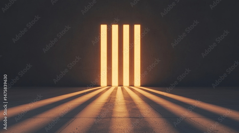 Poster sunlight streams through vertical bars, casting long shadows on a minimalist floor in a dark, empty 