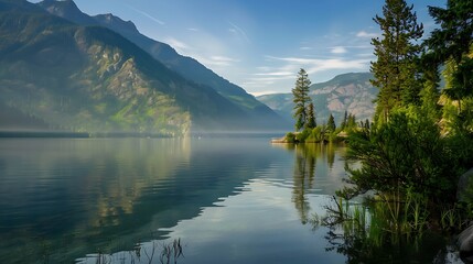 Naklejka premium Tranquil Lakeside Mountain View With Calm Water Reflection And Misty Green Forest