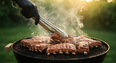 Fototapeta premium Grilled Ribs at Sunset BBQ Bliss in Golden Light.