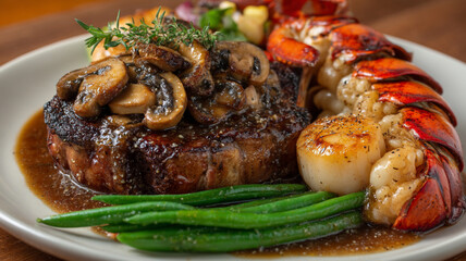 tomahawk steak, smothered in mushrooms and a dark sauce, with a side of seared scallops and a large lobster tail and green beans 