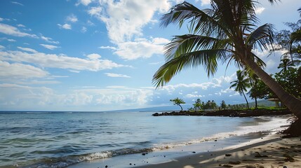 Tropical Beach Scene With Palm Trees Clear Blue Water And Sunny Sky