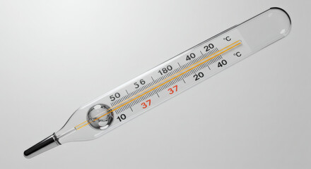 A detailed view of a clinical thermometer showing the temperature reading in celsius.