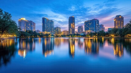 Obraz premium City skyline reflected in tranquil lake at twilight