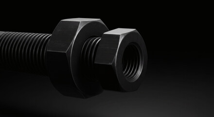 A detailed close-up of a black bolt and nut, highlighting the precision engineering and texture.