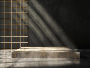 Sunlit marble platform against dark wall with grid