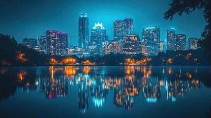 City skyline reflected in tranquil water at night