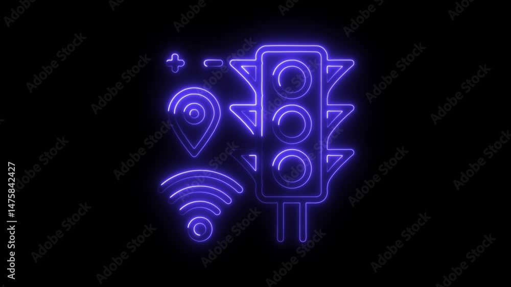Poster Modern traffic system network neon lights with location marker and wifi signal on black background