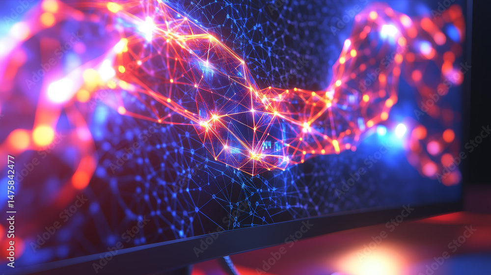 Aufkleber a futuristic display with intricate digital network patterns. the screen emanates a vibrant glow