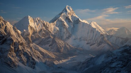 Majestic snow-covered mountain peak at dawn with dramatic sky and rugged terrain showcasing nature's untouched beauty