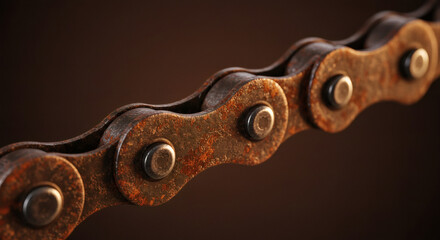 A detailed photograph displaying the intricate details of a heavily rusted bicycle chain.