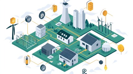 Sustainable energy system interconnected network illustration.