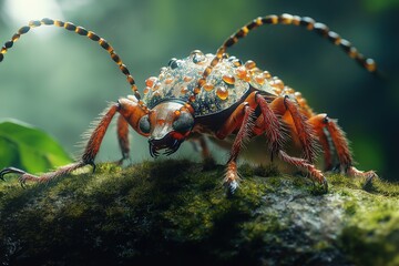 Fototapeta premium Close-up of dew-covered beetle on moss in lush forest environment