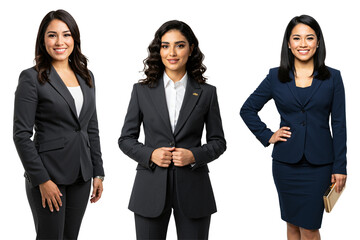 Studio portrait of three diverse young adult women in professional business suits standing confidently against a transparent background.