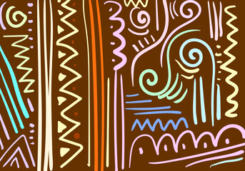 abstract tribal patterns with vibrant colors over brown backgrounds, combining bold lines, dots, and curves for a lively ethnic-modern visual expression.