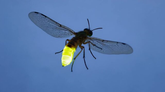 Enchanting firefly glowing in the dark night. Ideal for nature themes, magical visuals, and summer backgrounds. Bioluminescence.