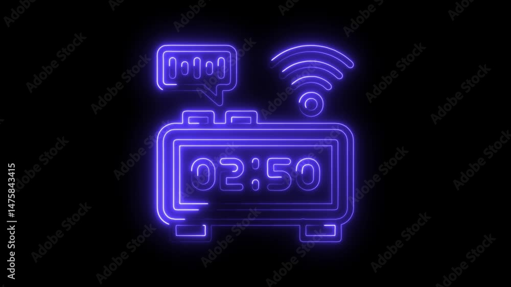 Poster neon digital smart clock revealing time connected to wireless network with notification indicator li