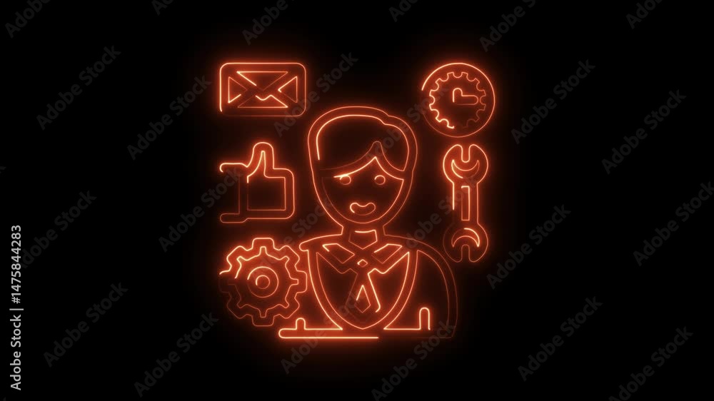 Poster glowing neon customer service representative icon animation for tech support and maintenance concept