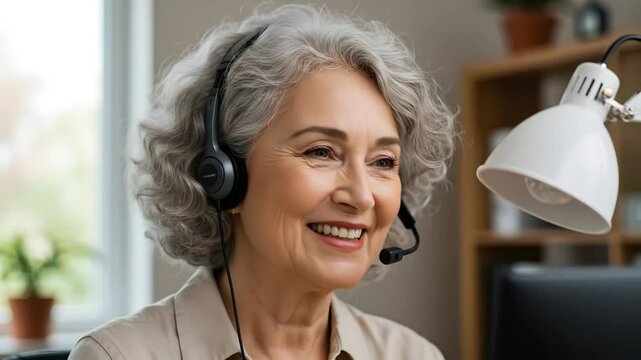 Mature woman with headset working from home customer service representative 4k video