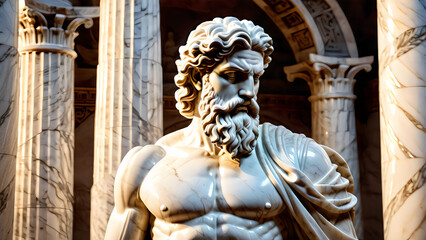 Fototapeta premium Marble Statue of a Contemplative Elder, Classical Details in a Warmly Lit Temple Setting