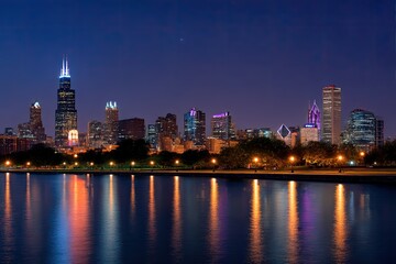 Obraz premium Chicago skyline at night illuminated reflecting in Lake Michigan urban landscape