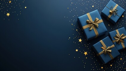 Minimalist background with blue gift boxes and golden stars on a dark navy blue color, with space for text or product presentation banner.