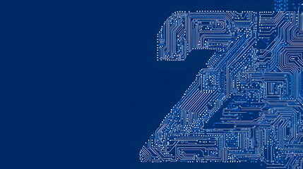 Abstract number two formed from circuit board design; blue tech background, copy space.