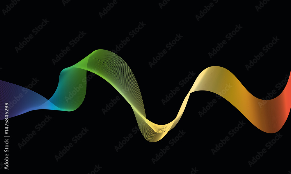 Poster rainbow abstract lines. sound waves on black background. colourful wave dynamic music lines. modern 